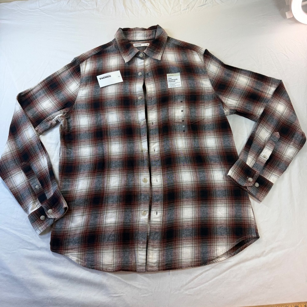 Sonoma Goods For Life Flannel Shirt Men's M Brown Plaid Supersoft Cotton NWT